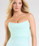 Turn heads at Prom 2025 in this mint green prom dress, where statement-making details meet the iconic style of the Saisha Strapless Bodycon Mesh Formal Dress.