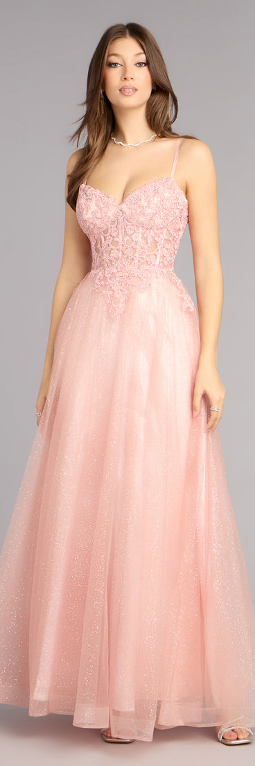 Own Prom 2026 in the Lexi Glitter Corset A-Line Ball Gown,  a pink prom dress designed with a flattering silhouette and elevated details that feel modern and true to your style.