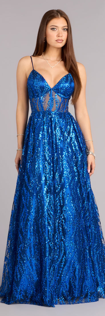 Own Prom 2026 in the Ivy Glitter Sequin Lace-Up Ball Gown, a royal blue prom dress designed with a flattering silhouette and elevated details that feel modern and true to your style.