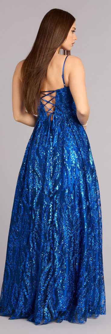 This royal blue prom dress, the Ivy Glitter Sequin Lace-Up Ball Gown , features a sleek, floor-length design with trend-forward details that capture the excitement of Prom 2026.