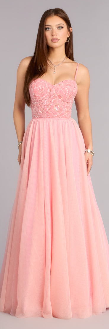 Windsor Jocelyn Applique Corset A-Line Ball Gown in Coral | Size: 5 | Mesh Fabric Windsor Jocelyn Applique Corset A-Line Ball Gown in Coral | Size: 5 | Mesh Fabric