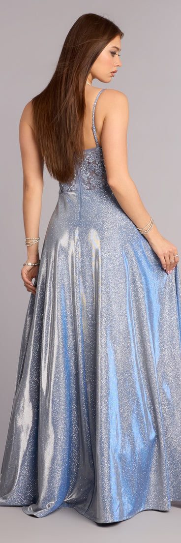 Skyler Floral Applique Glitter A-Line Gown