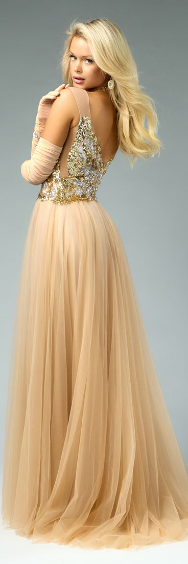 This taupe prom dress, the Rona Sequin Applique Butterfly A-Line Ball Gown , features a sleek, floor-length design with trend-forward details that capture the excitement of Prom 2026.