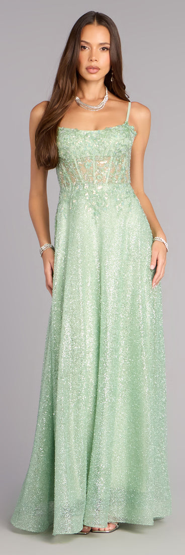 Pick a ball gown from Windsor for your next formal event or special occasion like the Gloria Lace-Up Corset A-Line Ball Gown in sage green, featuring a voluminous silhouette, structured bodice, and elegant detail.