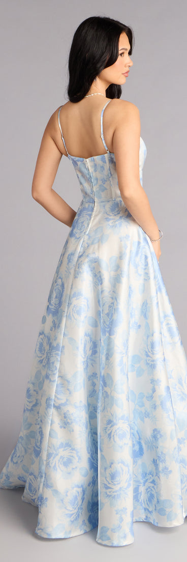 Jackie Floral Satin A-Line Ball Gown in White Print | Size: M | Knit Fabric/Satin Fabric | Windsor Jackie Floral Satin A-Line Ball Gown in White Print | Size: M | Knit Fabric/Satin Fabric | Windsor