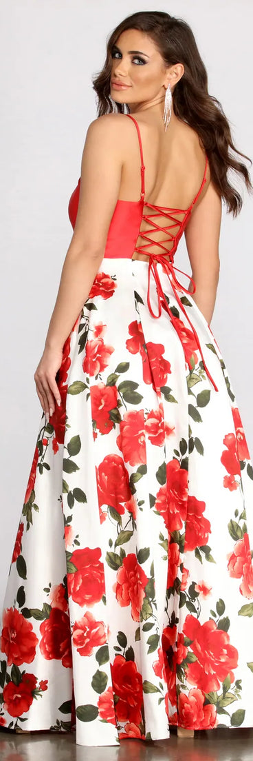 Terri Floral Printed Lace Up Back Ball Gown