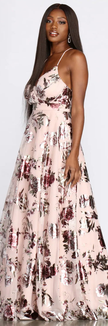 Mariah Floral Foil Print Ball Gown