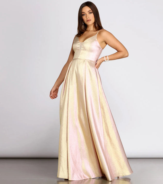 Jamille Metallic Glitter Pleated Ball Gown