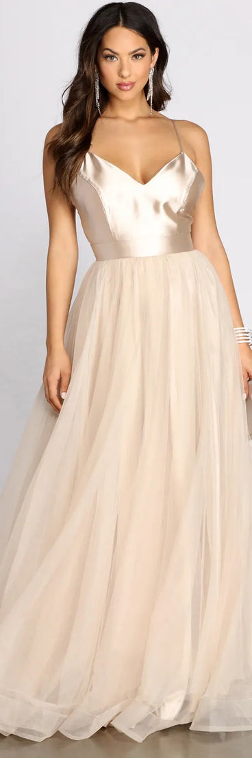 Emily Satin V Neck Tulle Ball Gown