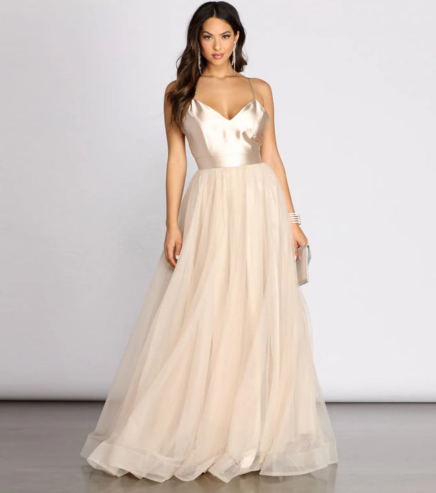 Emily Satin V Neck Tulle Ball Gown