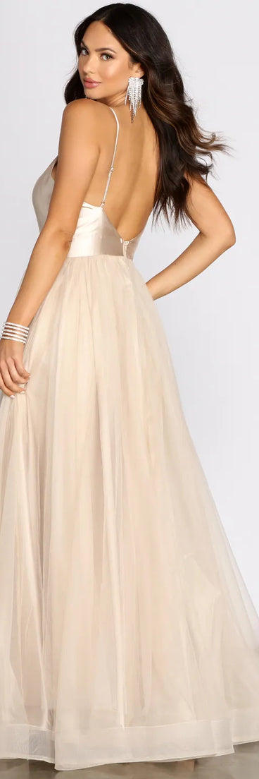 Emily Satin V Neck Tulle Ball Gown