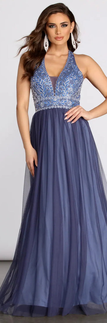 Taji Halter Applique Mesh Ball Gown