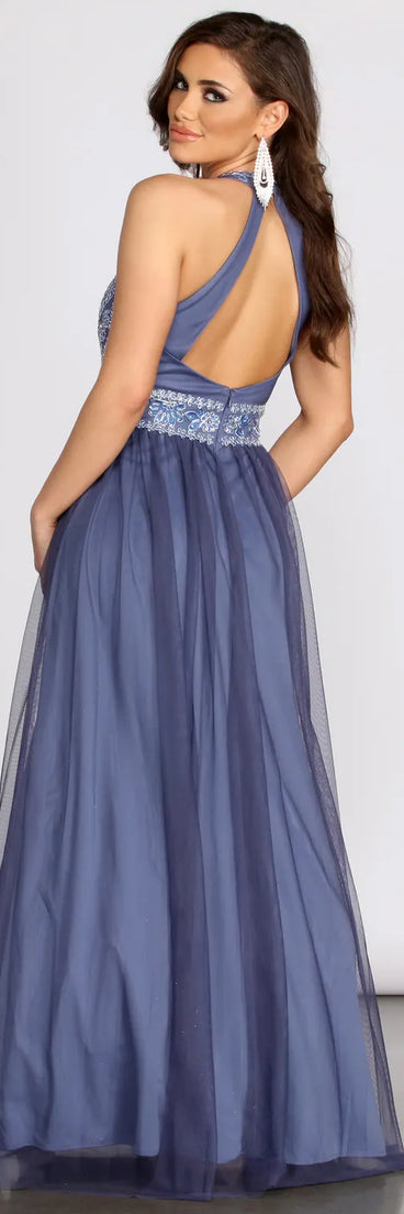 Taji Halter Applique Mesh Ball Gown