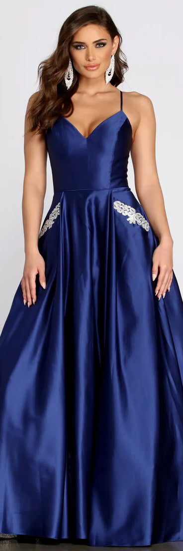Rochella Satin Rhinestone Trim Ball Gown