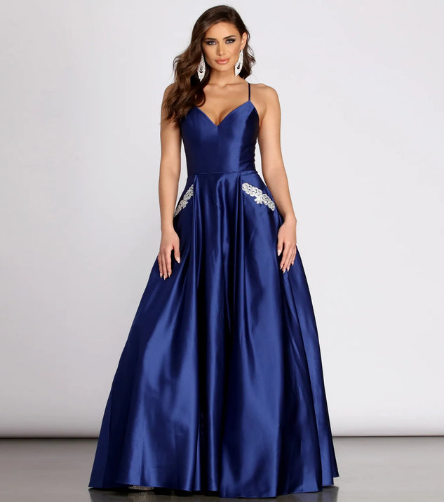 Rochella Satin Rhinestone Trim Ball Gown