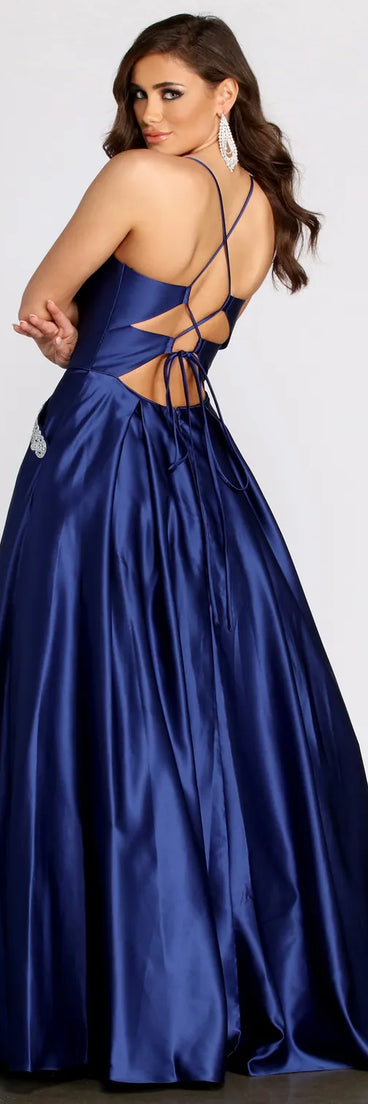 Rochella Satin Rhinestone Trim Ball Gown