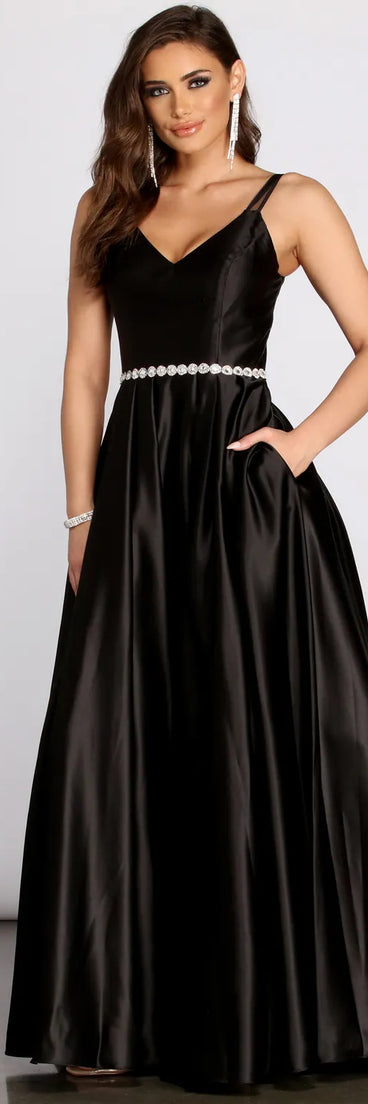 Caris Rhinestone Trim Satin Dress