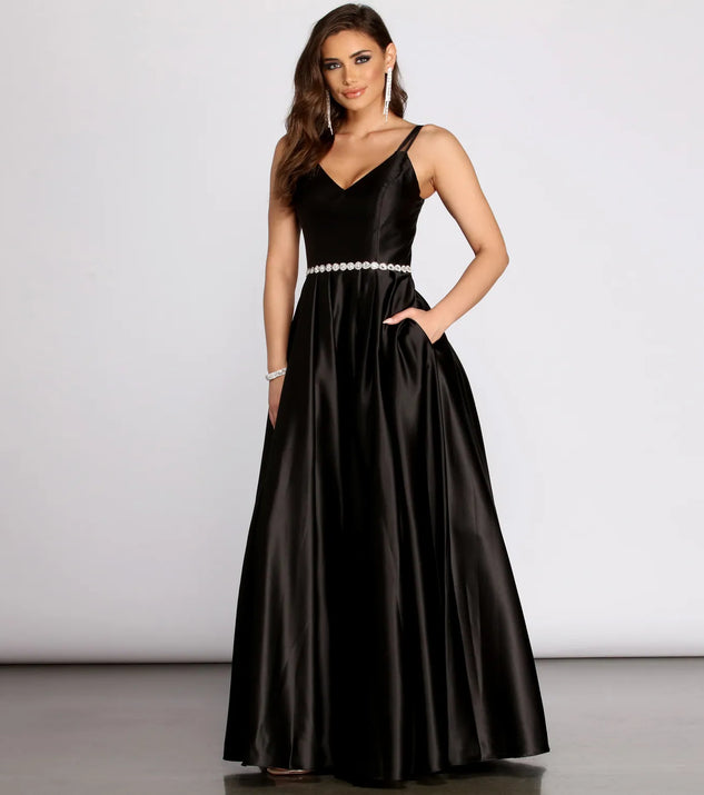 Caris Rhinestone Trim Satin Dress