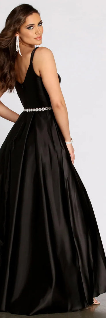 Caris Rhinestone Trim Satin Dress