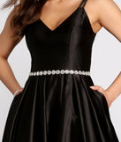 Caris Rhinestone Trim Satin Dress