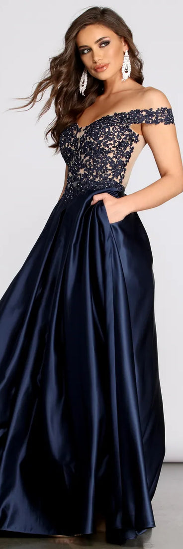 Soni Off Shoulder Floral Applique Ball Gown