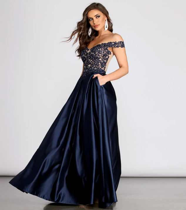 Soni Off Shoulder Floral Applique Ball Gown
