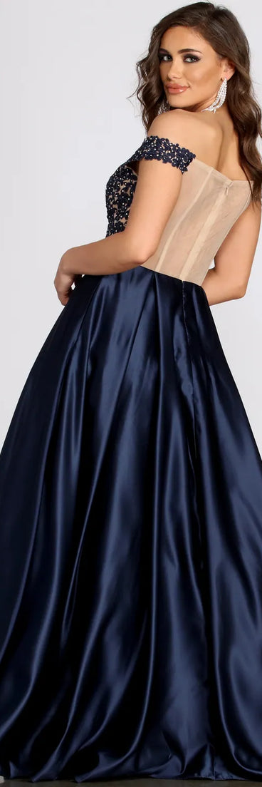 Soni Off Shoulder Floral Applique Ball Gown