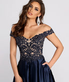 Soni Off Shoulder Floral Applique Ball Gown