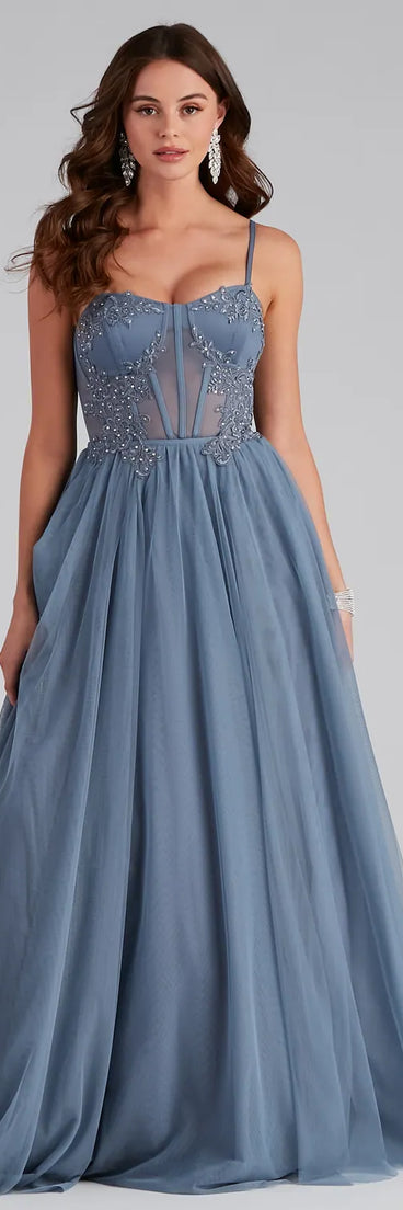 AJ Embroidered Mesh Corset A-Line Gown