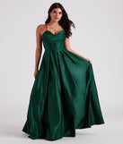 Turn heads at Prom 2025 in this hunter green prom dress, where statement-making details meet the iconic style of the Kayla Satin Cowl A-Line Ball Gown .