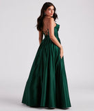 The Kayla Satin Cowl A-Line Ball Gown in hunter is a stunning green prom dress designed to capture attention with its fresh or bold color and effortlessly stylish silhouette.