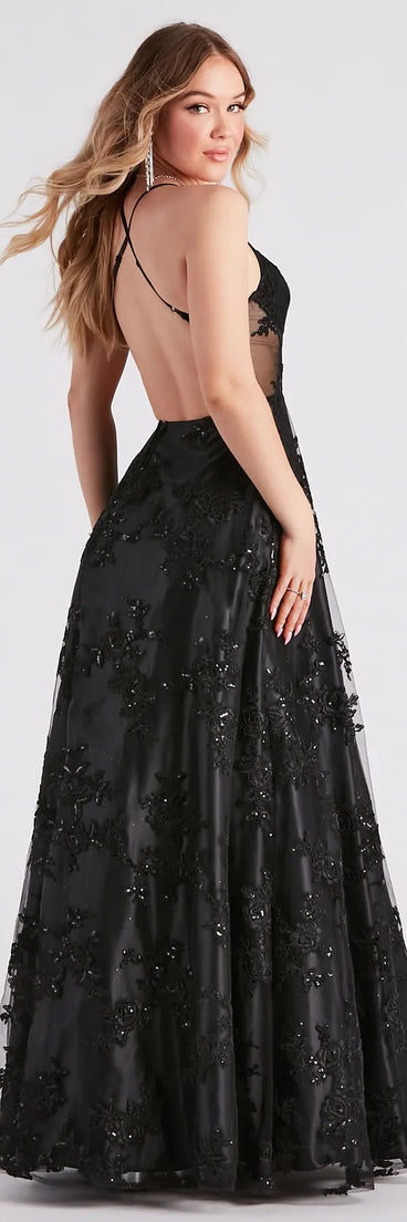 The Monica Sequin Embroidered Lace Ball Gown is an elegant black formal dress in a rich seasonal color and with unique design accents that make dressing up for winter parties, holiday balls, or festive gatherings effortless!