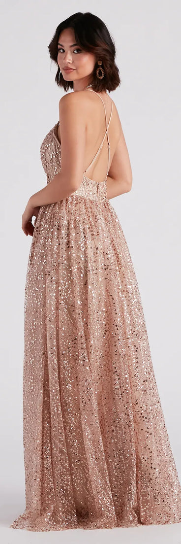 Make a statement in the brilliant Stacy Glitter Sequin Tulle Ball Gown, a glittery gold dress designed to shine at any occasion, from spring formals to elegant evening soirees.