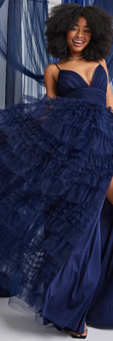 Own the spotlight in the Roxanna Tulle Ruffle A-Line Ball Gown, a navy blue formal dress crafted to deliver luxe style for autumn weddings, Military Balls, or any special event.