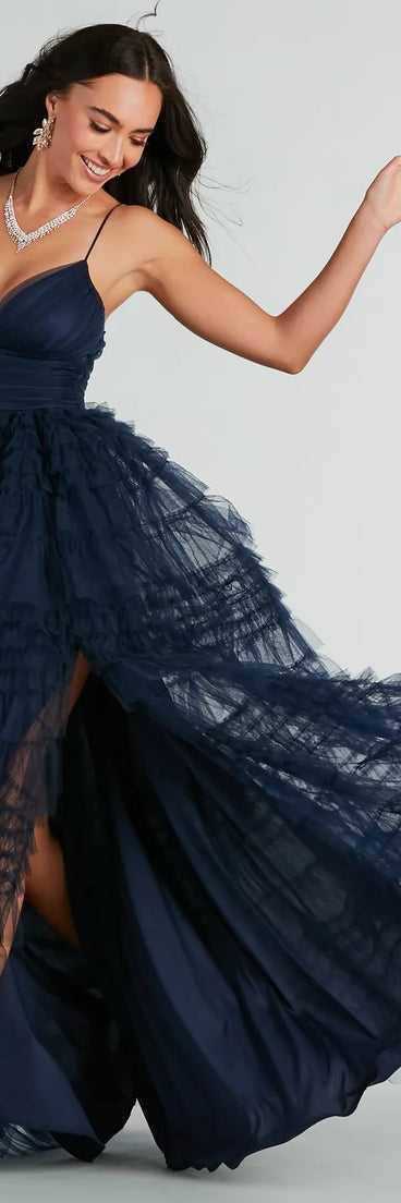 Step into the Prom 2025 dance in the Roxanna Tulle Ruffle A-Line Ball Gown in navy, a stunning blue prom dress designed to complement any theme with its timeless allure and statement-making style.