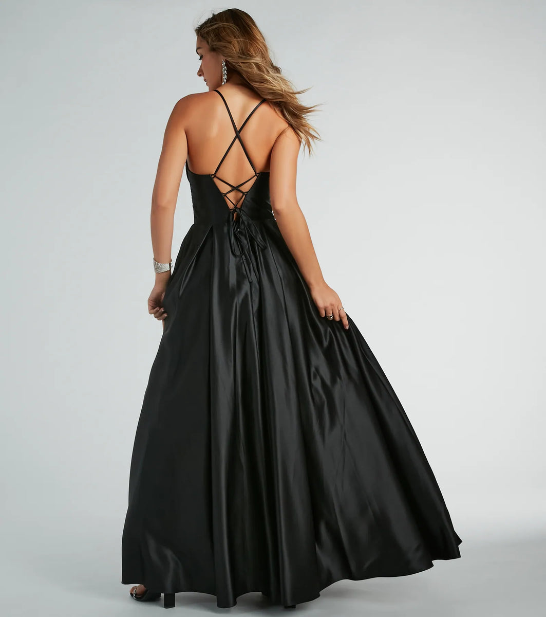 Lace-Up Back Corset-Inspired Satin A-Line Gown Fuchsia
