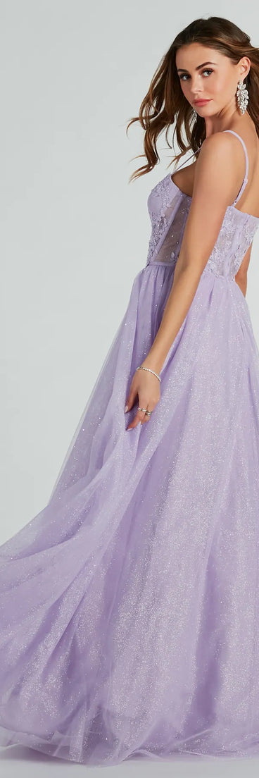 You'll look stunning in the Tia Sweetheart Lace Applique A-Line Ball Gown, a lavender formal dress designed to create an effortless yet standout look as women's formal attire, work party outfit, or military ball dress.