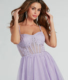 You'll look stunning in the Tia Sweetheart Lace Applique A-Line Ball Gown, a lavender formal dress designed to create an effortless yet standout look as women's formal attire, work party outfit, or military ball dress.