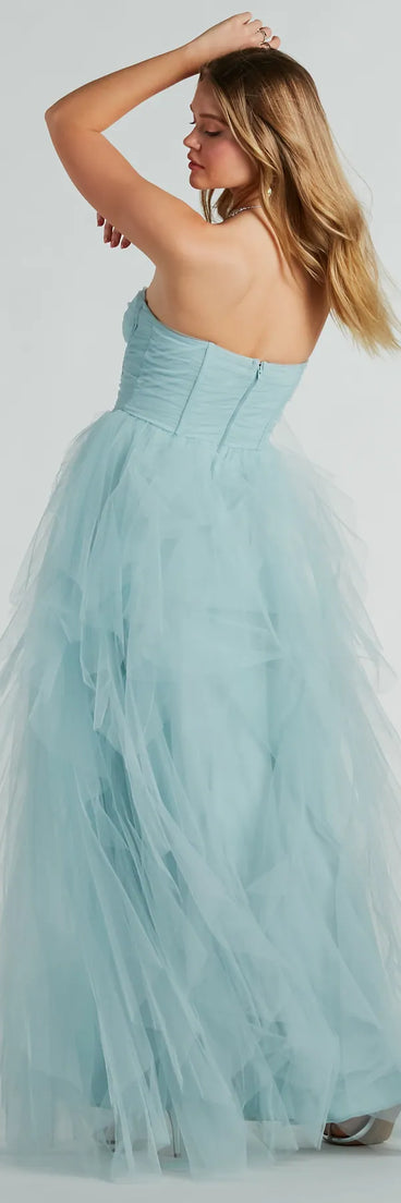 Step into the Prom 2025 dance in the Lindsey Bustier A-Line Ruffle Tulle Ball Gown in light blue, a stunning blue prom dress designed to complement any theme with its timeless allure and statement-making style.