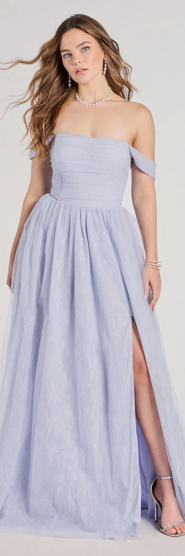 Own the spotlight in the Raelynn Off-The-Shoulder A-Line Lace Ball Gown, a periwinkle formal dress crafted to deliver luxe style for autumn weddings, Military Balls, or any special event.