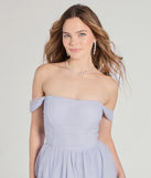 The Raelynn Off-The-Shoulder A-Line Lace Ball Gown in luxe periwinkle fabric, a stunning prom dress with statement details designed to make a bold impression at Prom 2025.