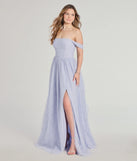 The Raelynn Off-The-Shoulder A-Line Lace Ball Gown in luxe periwinkle fabric, a stunning prom dress with statement details designed to make a bold impression at Prom 2025.