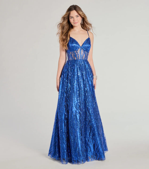 The Janet Bustier Lace-Up Glitter A-Line Ball Gown in luxe royal blue fabric, a stunning prom dress with statement details designed to make a bold impression at Prom 2025.