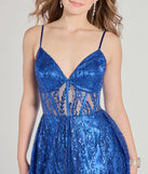 The Janet Bustier Lace-Up Glitter A-Line Ball Gown in luxe royal blue fabric, a stunning prom dress with statement details designed to make a bold impression at Prom 2025.