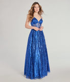 The Janet Bustier Lace-Up Glitter A-Line Ball Gown in luxe royal blue fabric, a stunning prom dress with statement details designed to make a bold impression at Prom 2025.