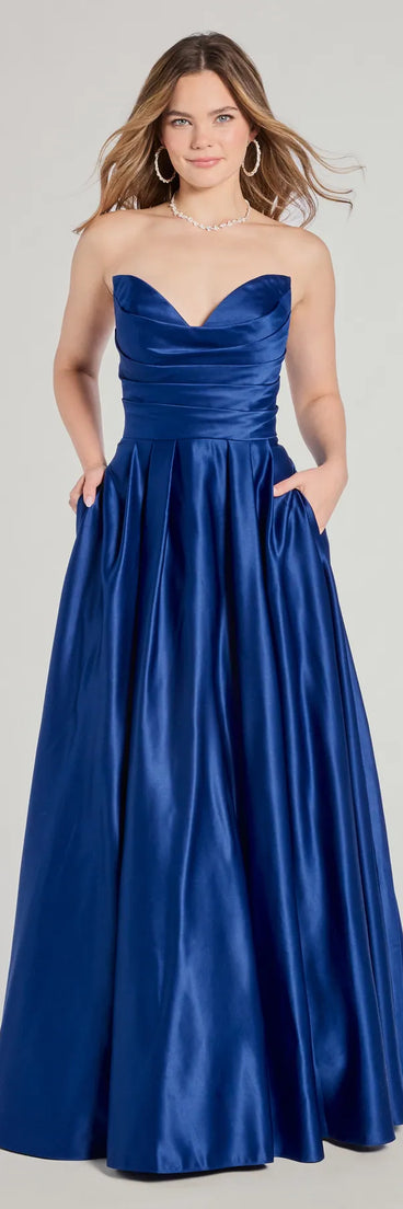 Own the spotlight in the Ruth Strapless Sweetheart A-Line Satin Ball Gown, a royal blue formal dress crafted to deliver luxe style for summer weddings, Army Balls, or any special event.