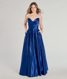 The Ruth Strapless Sweetheart A-Line Satin Ball Gown in luxe royal blue fabric, a stunning prom dress with statement details designed to make a bold impression at Prom 2025.