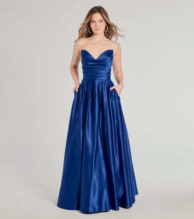 The Ruth Strapless Sweetheart A-Line Satin Ball Gown in luxe royal blue fabric, a stunning prom dress with statement details designed to make a bold impression at Prom 2025.