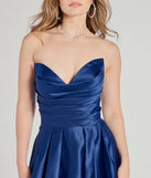 The Ruth Strapless Sweetheart A-Line Satin Ball Gown in luxe royal blue fabric, a stunning prom dress with statement details designed to make a bold impression at Prom 2025.