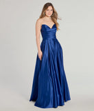 The Ruth Strapless Sweetheart A-Line Satin Ball Gown in luxe royal blue fabric, a stunning prom dress with statement details designed to make a bold impression at Prom 2025.
